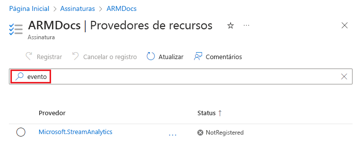 Captura de tela da localização dos provedores de recursos no portal do Azure.