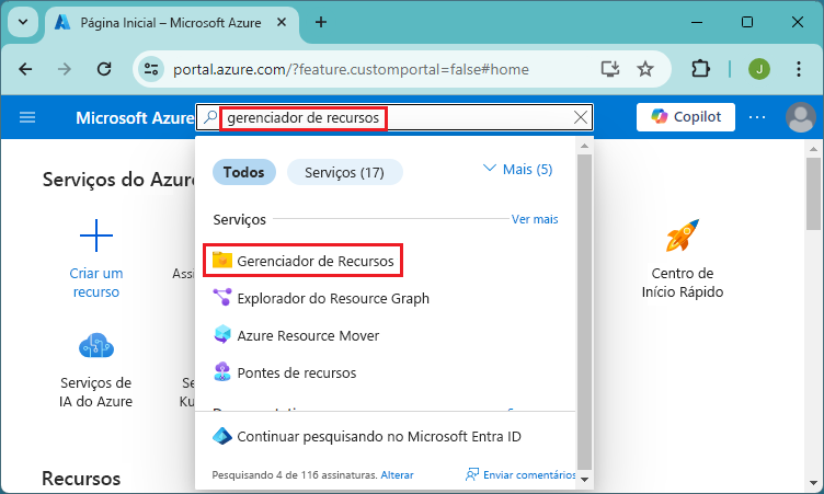 Captura de tela da seleção de todos os serviços no portal do Azure para acessar o Gerenciador de Recursos.