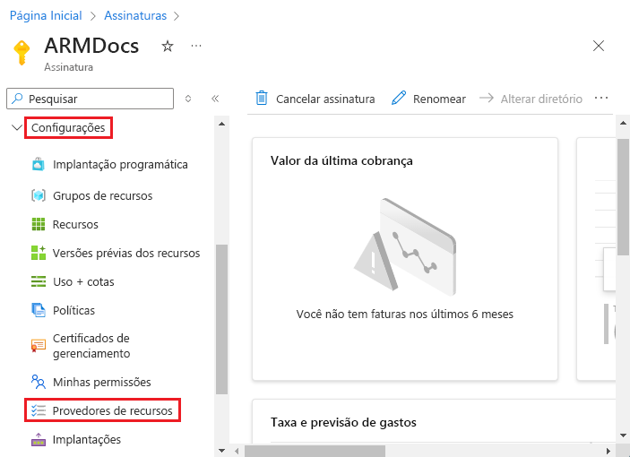 Captura de tela da seleção de provedores de recursos no portal do Azure.