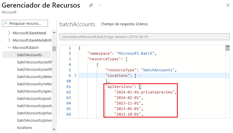 Captura de tela da exibição de versões de API válidas para um tipo de recurso no Azure Resource Explorer.