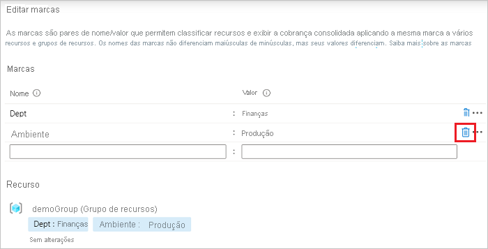 Captura de tela do portal do Azure com o ícone Excluir Tag em destaque.