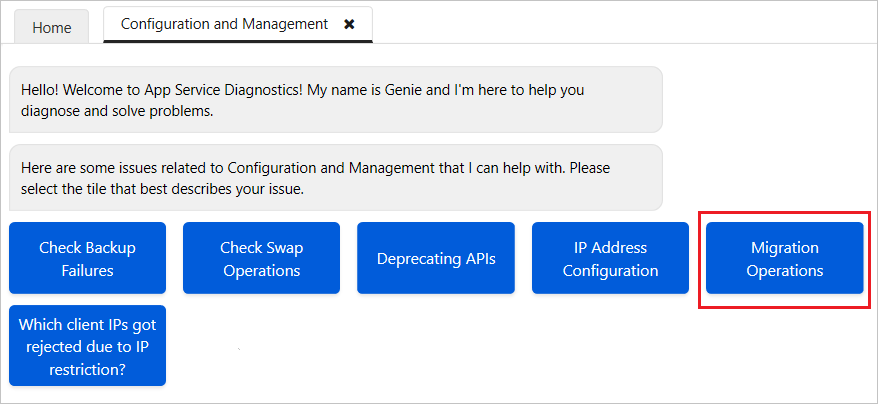 Captura de tela da seção Opções de migração no menu Configuração e gerenciamento.