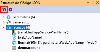 Captura de tela da janela Estrutura do código JSON com a opção Adicionar novo recurso destacada.