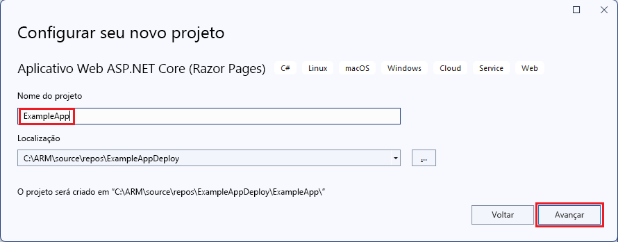 Captura de tela da janela de nomeação de projeto para o aplicativo Web ASP.NET Core.