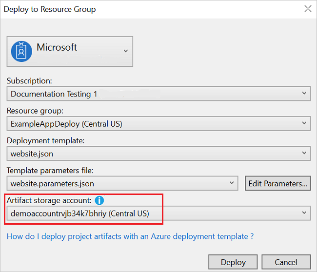 Captura de tela da caixa de diálogo Implantar no grupo de recursos com a conta de armazenamento de artefatos selecionada.