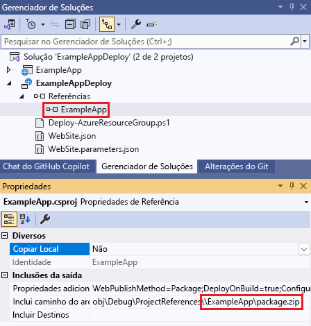 Captura de tela da janela Propriedades, exibindo as propriedades de referência do projeto de aplicativos Web.