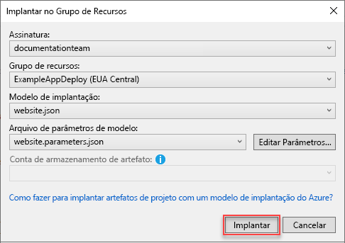 Captura de tela da caixa de diálogo Implantar no Grupo de Recursos no Visual Studio.