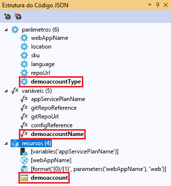 Captura de tela da janela Estrutura do código JSON que exibe o recurso Conta de armazenamento adicionado.