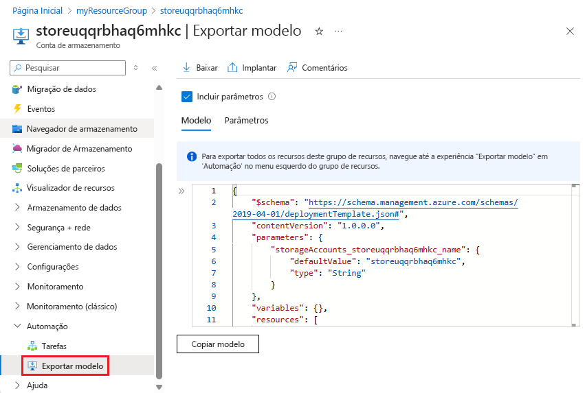 Captura de tela da exportação de um único recurso no portal do Azure.