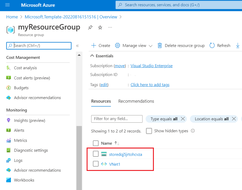 Captura de tela do grupo de recursos com conta de armazenamento e rede virtual no portal do Azure.