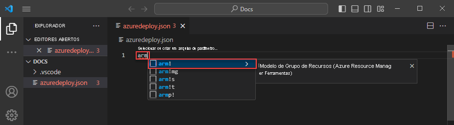 Captura de tela mostrando snippets de código do scaffolding do Azure Resource Manager.