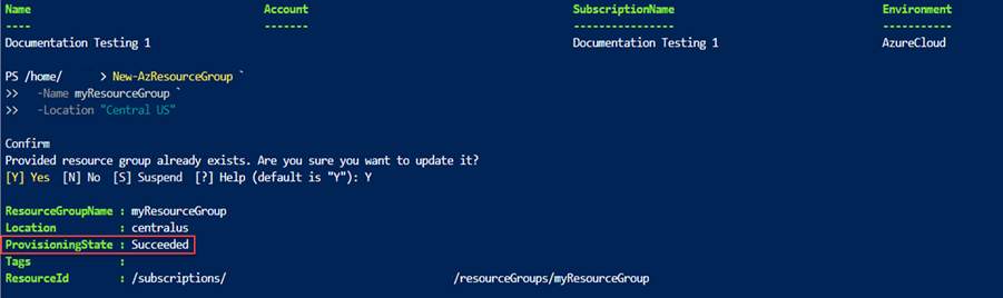 Captura de tela da saída do PowerShell mostrando o estado de provisionamento da implantação bem-sucedida.