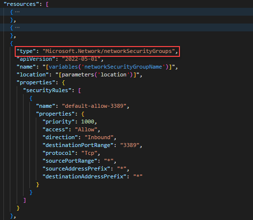 Captura de tela do Visual Studio Code mostrando a definição do grupo de segurança de rede em um modelo do ARM.