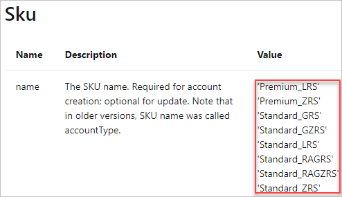 SKUs da conta de armazenamento de referência de modelo do Resource Manager