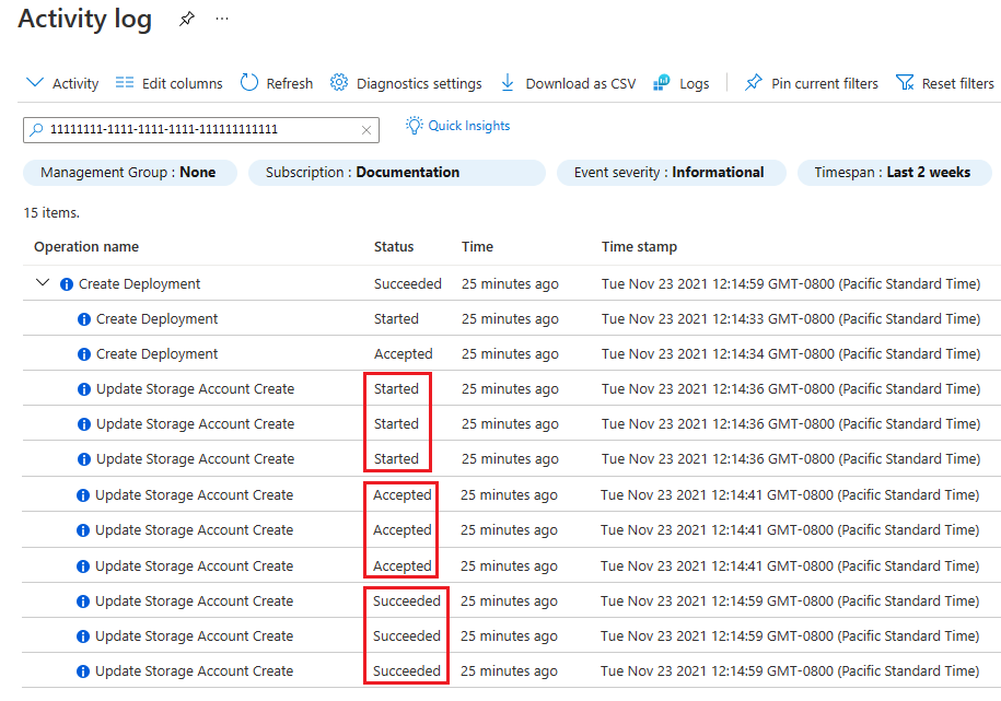 Captura de tela do log de atividades do portal do Azure exibindo três contas de armazenamento implantadas em paralelo, com seus carimbos de data/hora e status.