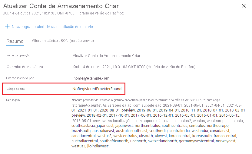 Captura de tela do log de atividades no portal do Azure mostrando uma mensagem de erro de uma implantação com falha e os detalhes da operação.