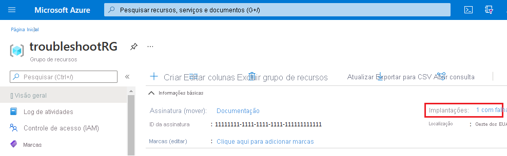 Captura de tela da página de visão geral do grupo de recursos do Azure mostrando uma implantação com falha com um ícone de ponto de exclamação vermelho na seção de histórico de implantação.