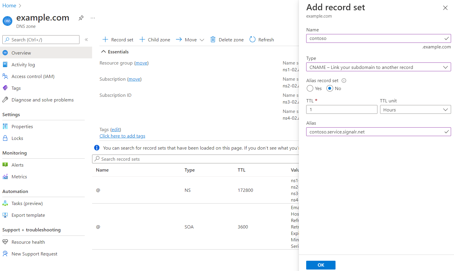 Captura de tela de como adicionar um registro CNAME na Zona DNS do Azure.