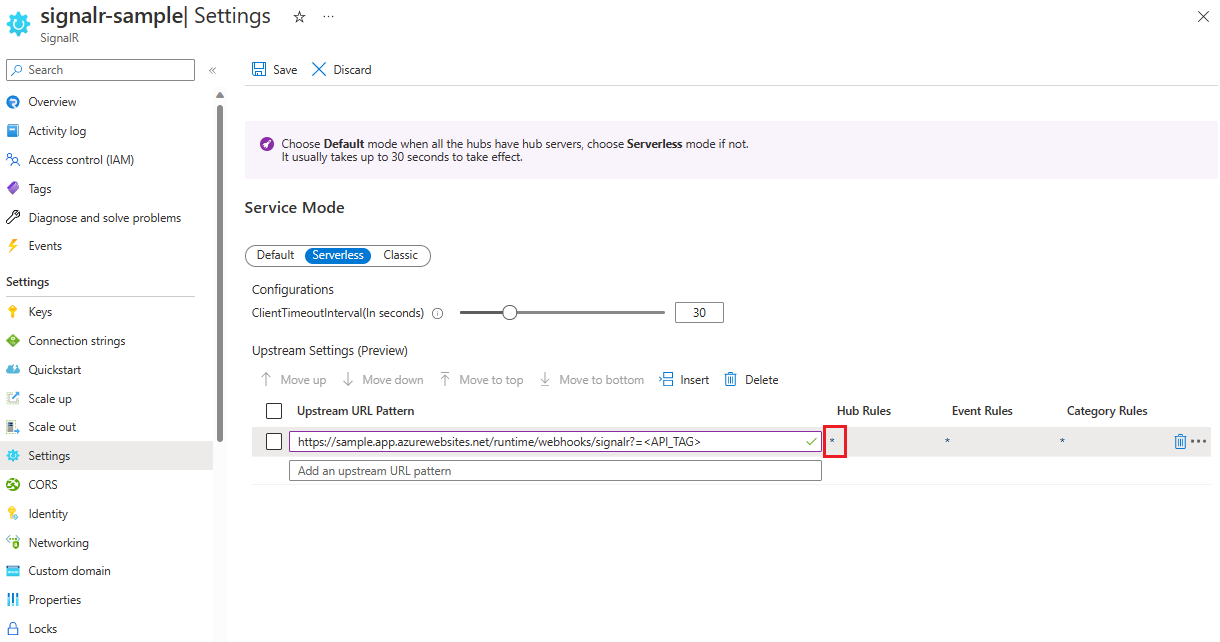 Captura de tela que mostra as configurações do Serviço do Azure SignalR para adicionar um padrão de URL upstream.