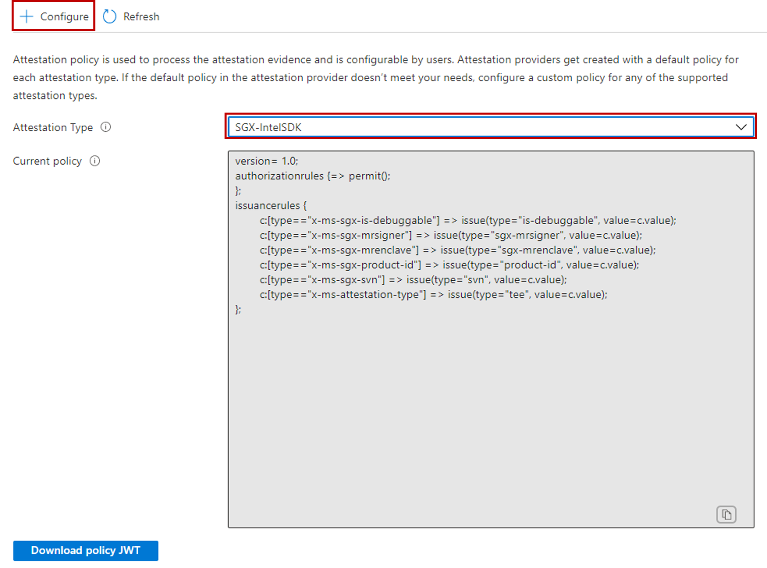 Captura de tela da configuração da política de atestado no portal do Azure.