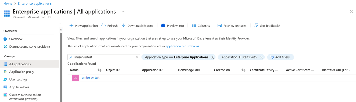 Captura de tela das configurações do aplicativo empresarial no portal do Azure.