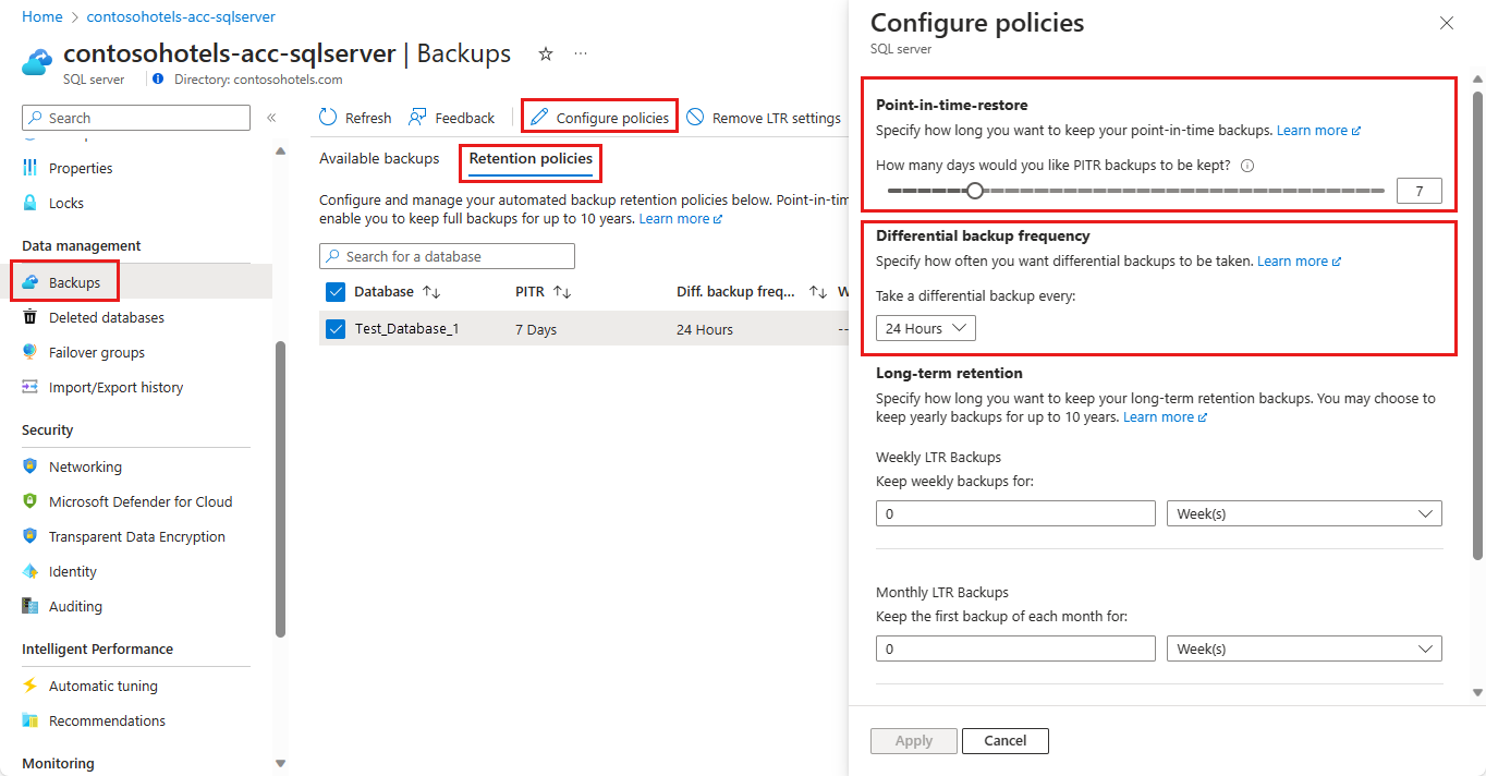 Captura de tela do portal do Azure, em que você pode alterar as configurações de retenção PITR no servidor. 