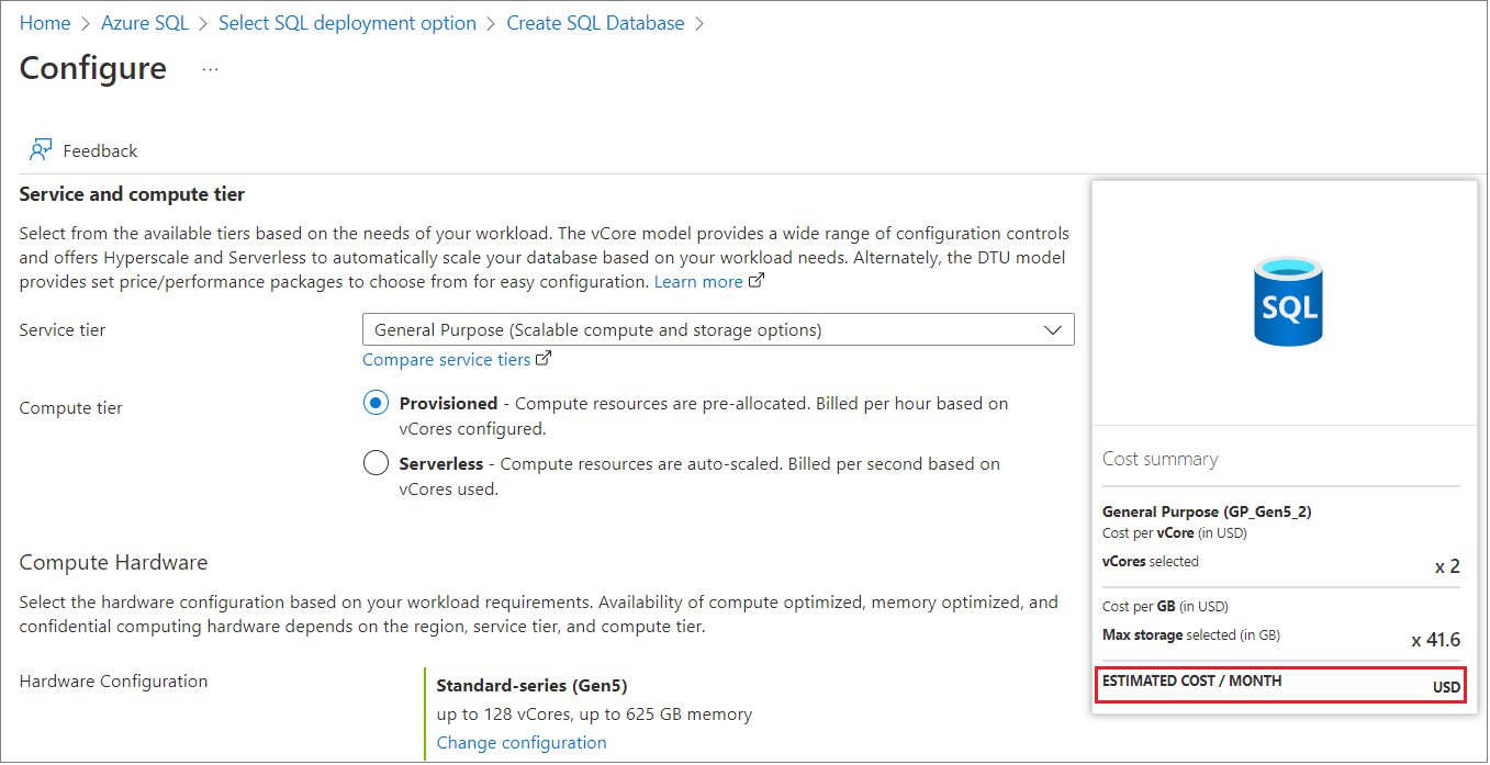 Exemplo mostrando a estimativa de custos no portal do Azure