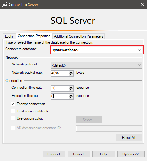 Captura de tela da guia de opções da caixa de diálogo de conexão com o servidor no SQL Server Management Studio (SSMS).