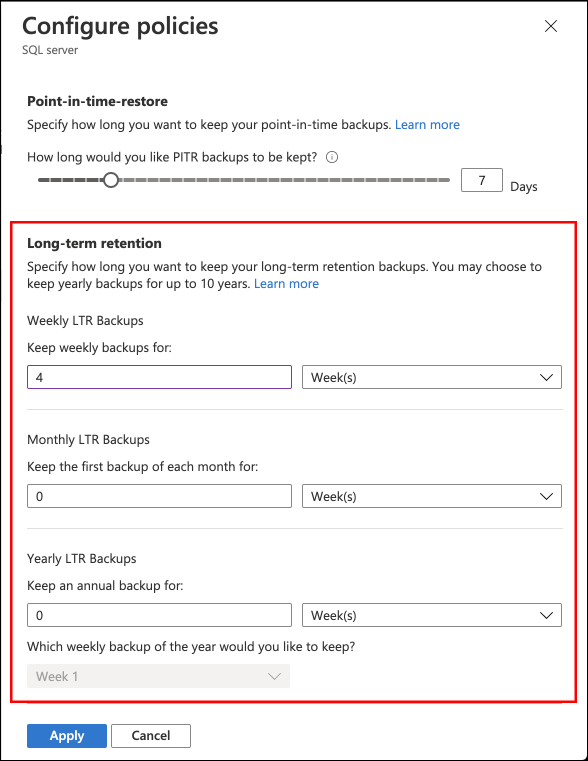 Captura de tela do portal do Azure, o painel de políticas de configuração.