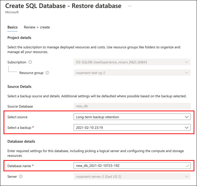 Captura de tela do portal do Azure onde você pode configurar os detalhes da restauração.