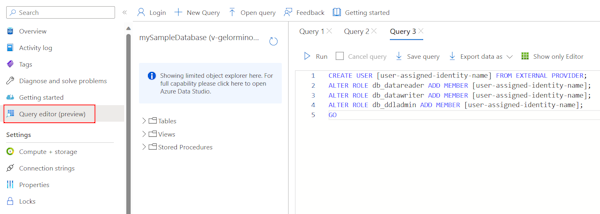 Uma captura de tela mostrando como usar o editor de Consultas do Azure para criar um usuário SQL na identidade gerenciada.