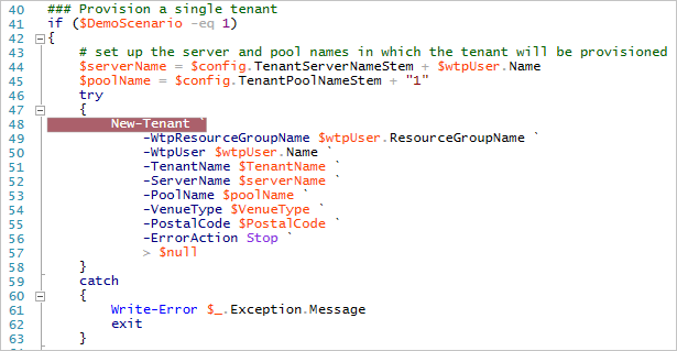 Captura de tela mostra um script com New-Tenant realçado para adicionar um ponto de interrupção.