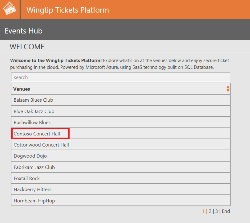 Captura de tela da página do hub de eventos do aplicativo de exemplo. A entrada para o Contoso Concert Hall está em uma caixa vermelha.