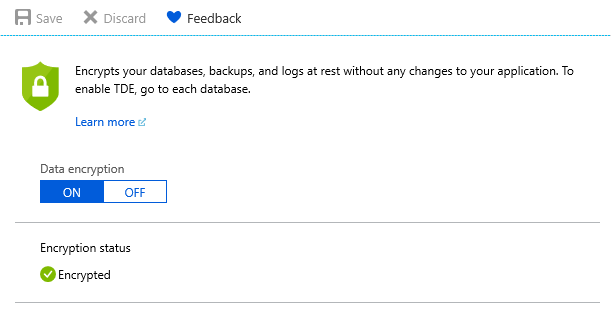 Captura de tela da página do portal do Azure para habilitar a Transparent Data Encryption.