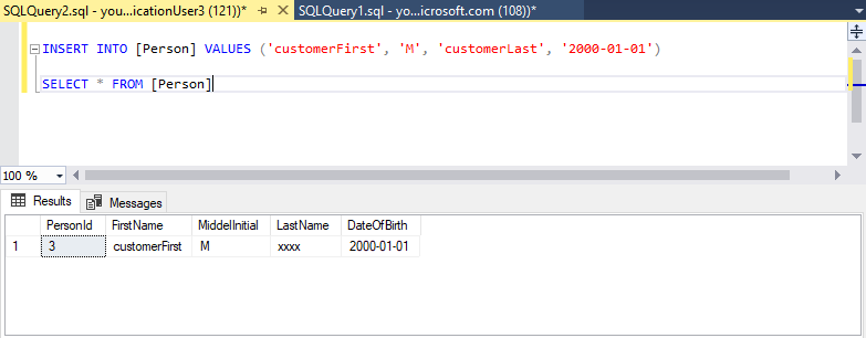 Captura de tela do SSMS (SQL Server Management Studio) mostrando instruções INSERT e SELECT simples. A instrução SELECT exibe dados mascarados na coluna LastName.