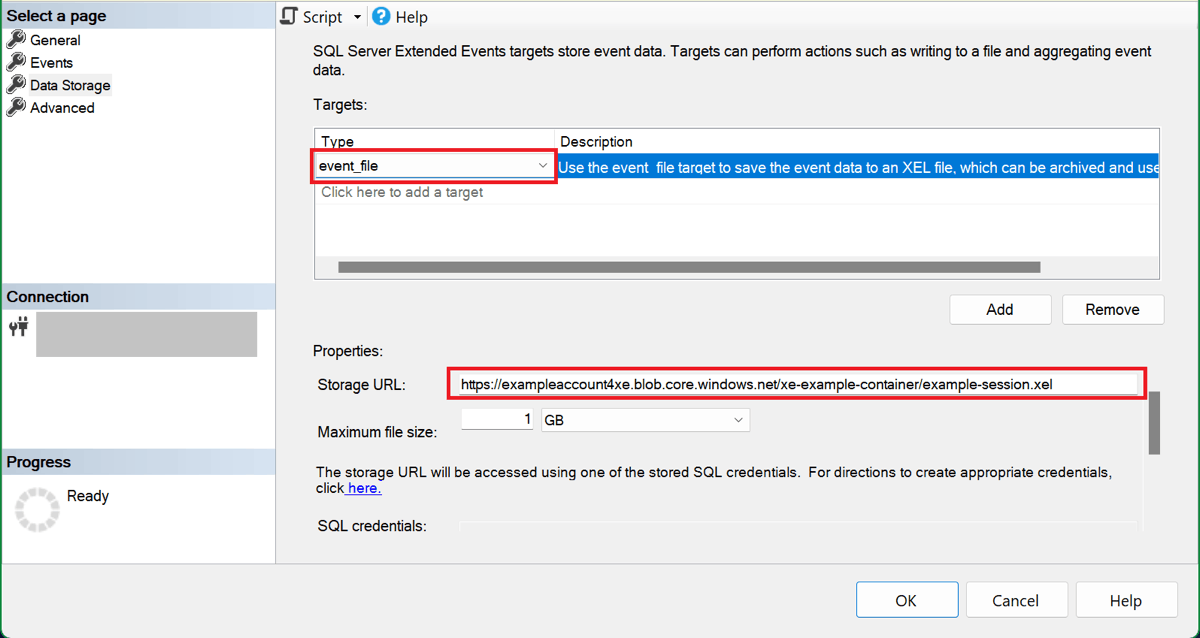 Captura de tela da caixa de diálogo Novo SSMS de Sessão mostrando a página de seleção de armazenamento de dados com um destino event_file selecionado e uma URL de armazenamento inserida.