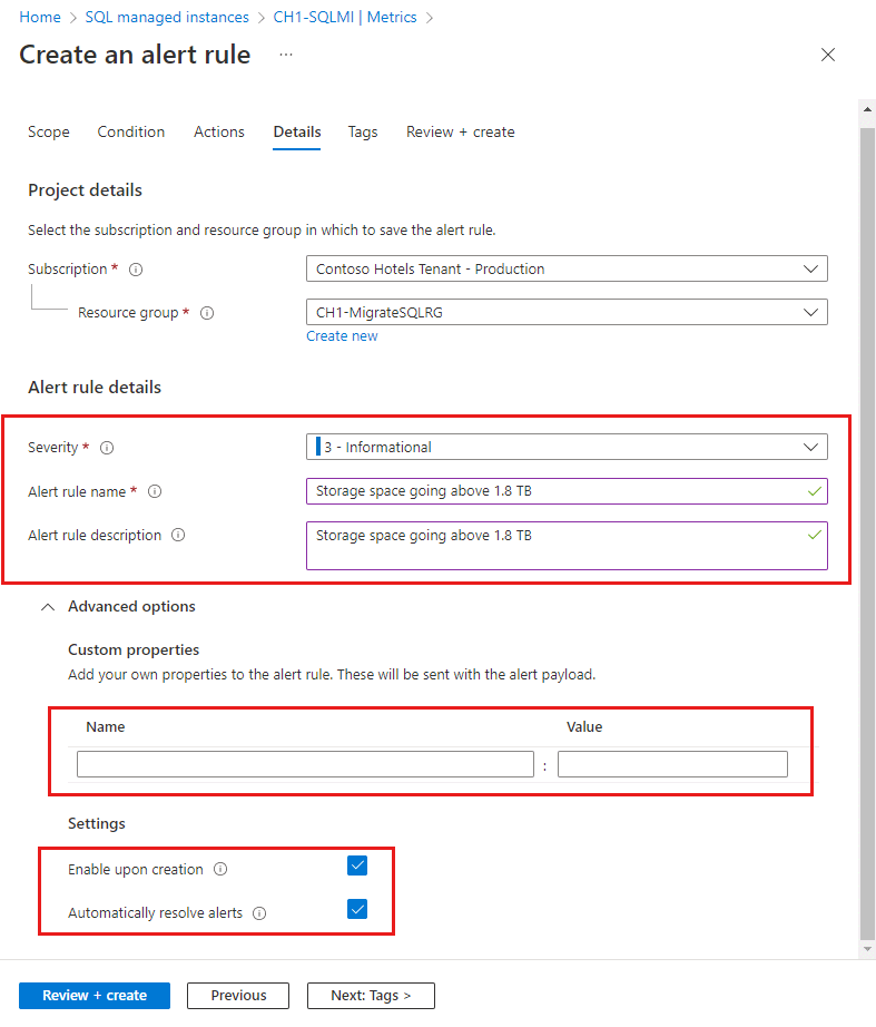 Captura de tela da guia Detalhes da caixa de diálogo Criar alerta no portal do Azure.