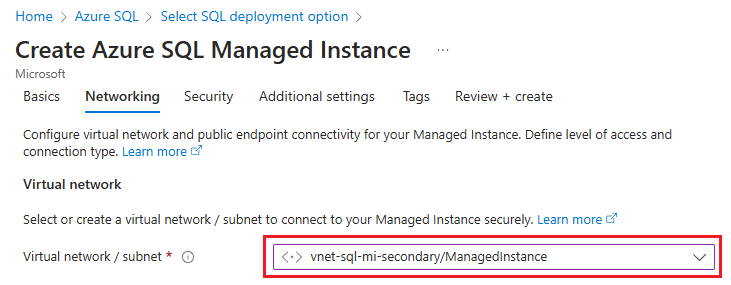 Captura de tela com destaque para a rede que você criou para usar com a instância secundária no portal do Azure.