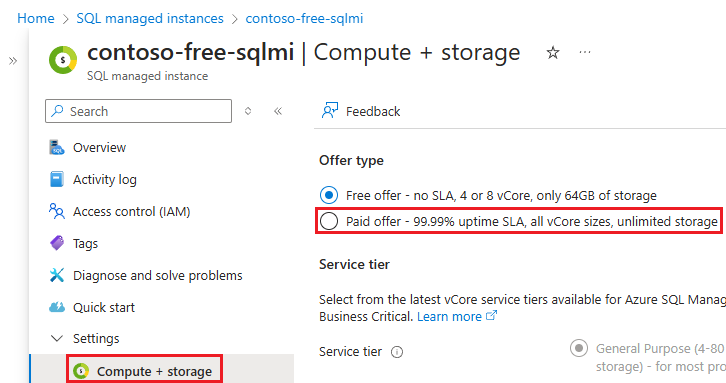 Captura de tela da oferta paga selecionada na página “Computação + armazenamento” para sua instância no portal do Azure.