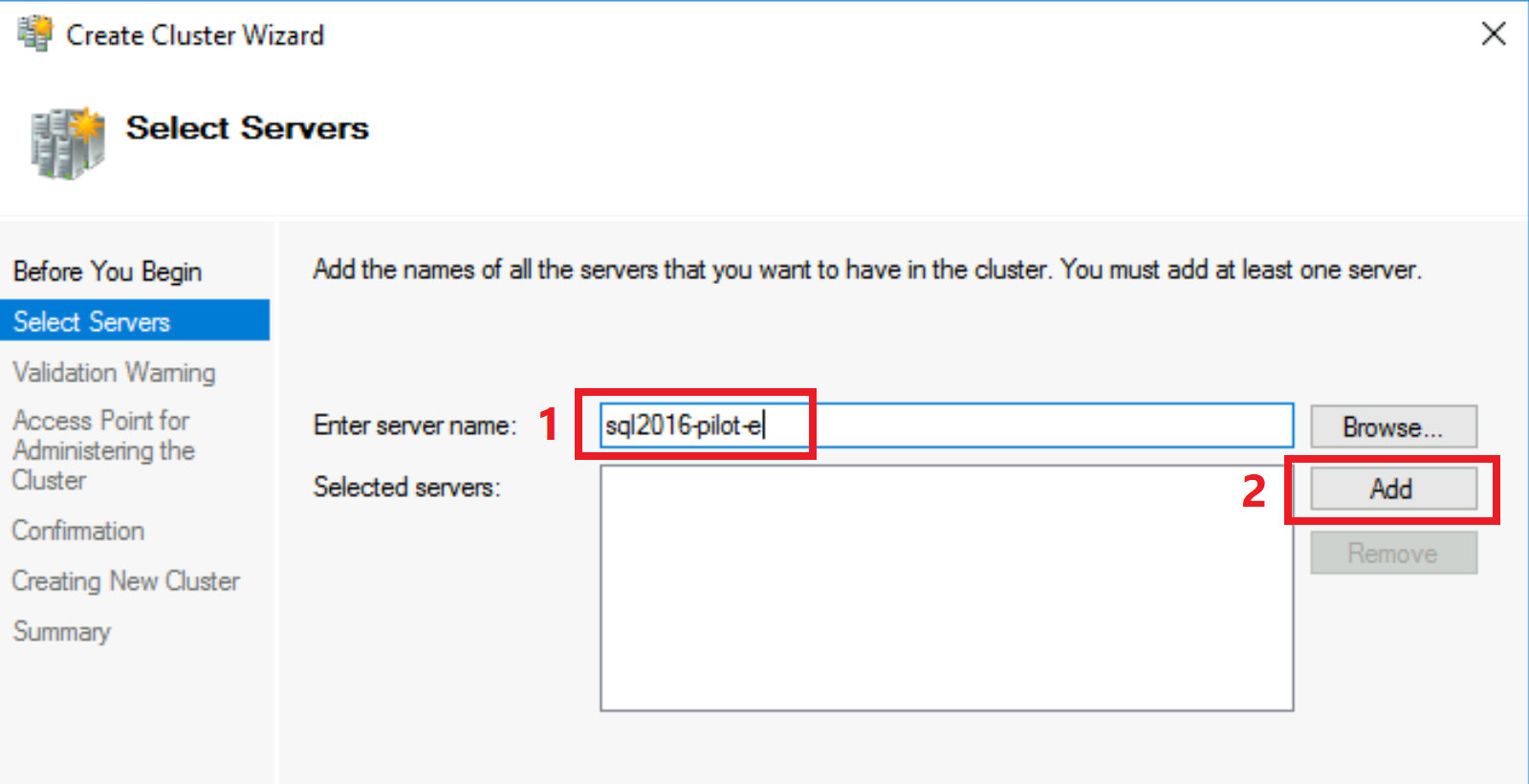 Captura de tela da inserção do nome de host do Windows Server ao criar o WSFC.