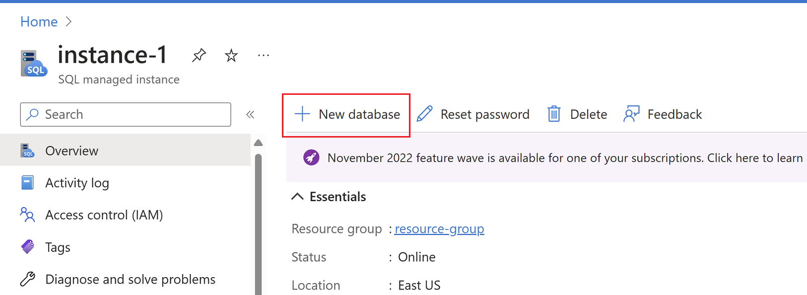 Captura de tela que mostra o painel de visão geral da Instância Gerenciada de SQL no portal do Azure, com a adição de um novo banco de dados selecionado. 