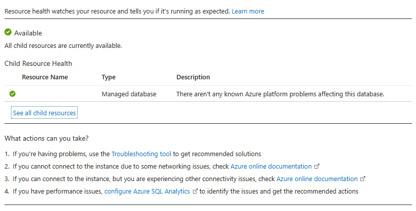 Uma captura de tela do portal do Azure mostrando a mensagem de status para o estado Disponível.