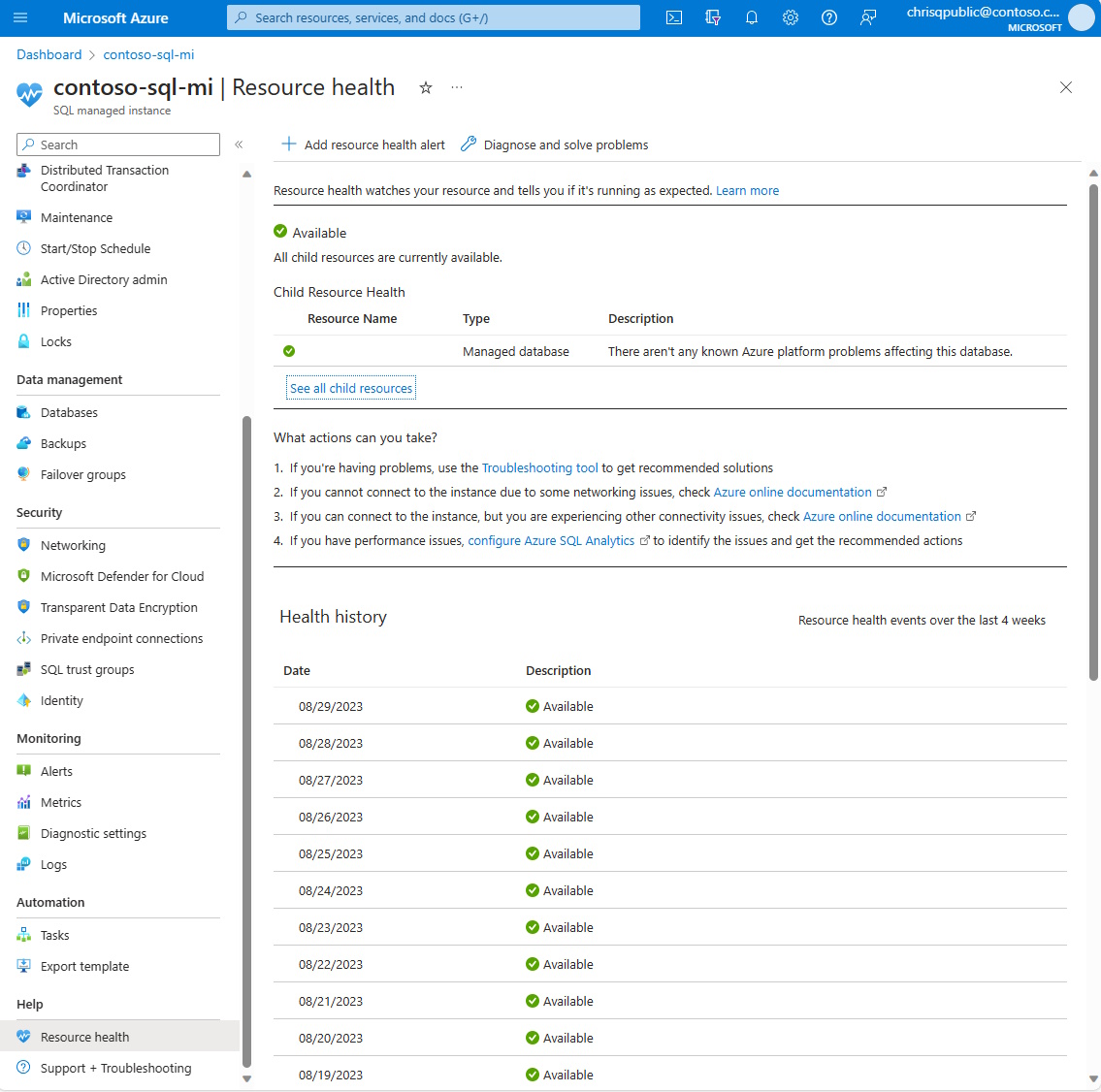 Uma captura de tela do portal do Azure mostrando a página Resource Health para uma Instância Gerenciada de SQL do Azure.