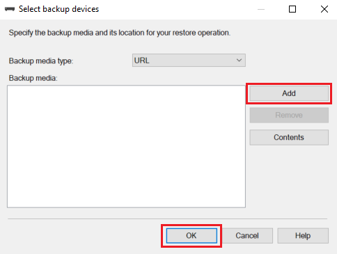 Captura de tela da caixa de diálogo Selecionar dispositivos de backup. Os botões Adicionar e OK estão em destaque.