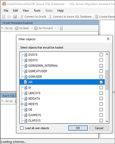 Captura de tela que mostra a seleção do esquema Oracle.