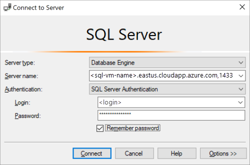 Captura de tela que mostra os detalhes necessários para se conectar ao SQL Server na VM do Azure.