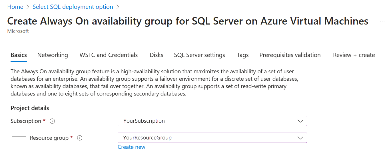 Captura de tela do portal do Azure mostrando caixas para especificar a assinatura e o grupo de recursos.