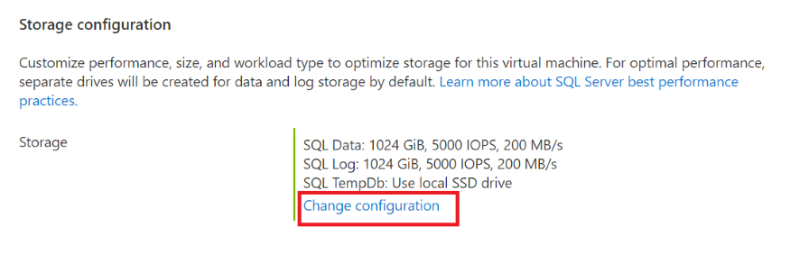 Captura de tela do portal do Azure mostrando a configuração de armazenamento atual e o botão para alterá-la.