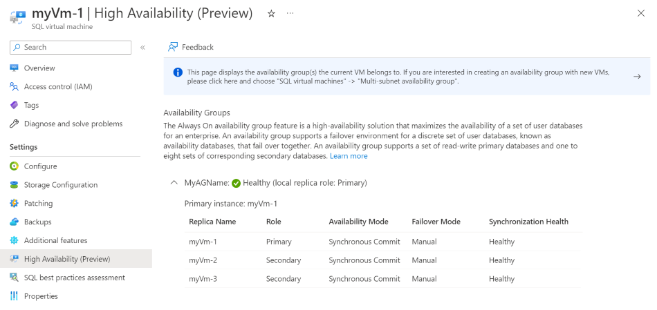 Captura de tela do portal do Azure, recurso de máquinas virtuais de SQL, que mostra a localização da verificação do status do grupo de disponibilidade na página Alta disponibilidade.