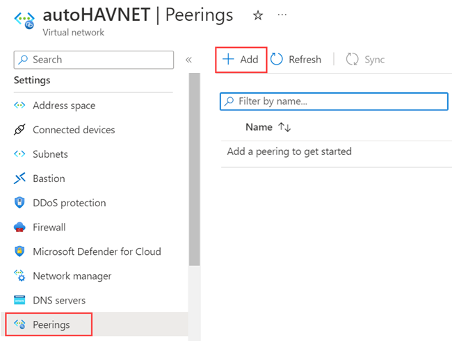 Captura de tela do portal do Azure que mostra as seleções usadas para adicionar um emparelhamento de rede virtual.